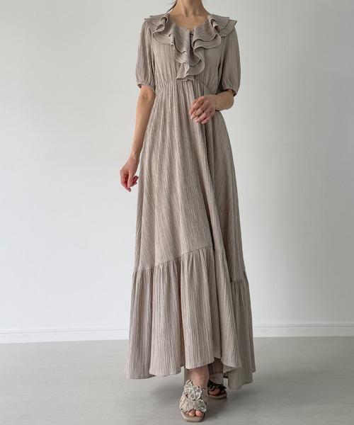 JUNOAH ワンピース 楊柳フリルカラーティアードワンピース