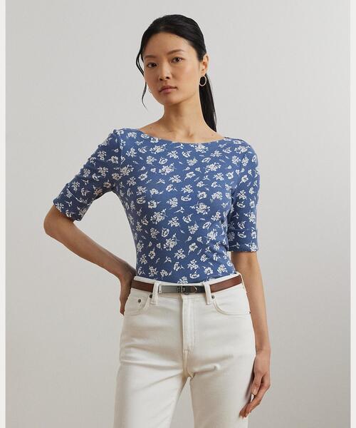 tシャツ フローラル ストレッチ コットン ボートネック Tシャツ レディース