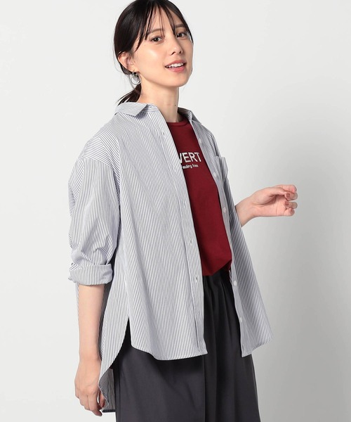 ブラウス シャツ 2WAY　ストライプ柄ロゴ入り長袖シャツ レディース