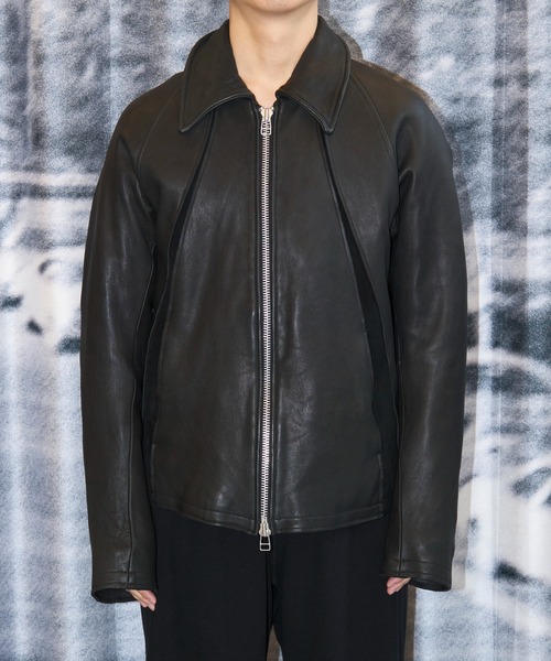 【NVRFRGT】Leather Paneled Zip Up Jacket新品 NVRFRGT（ネヴァーフォーゲット） 革ジャン ライダース LEATHER
