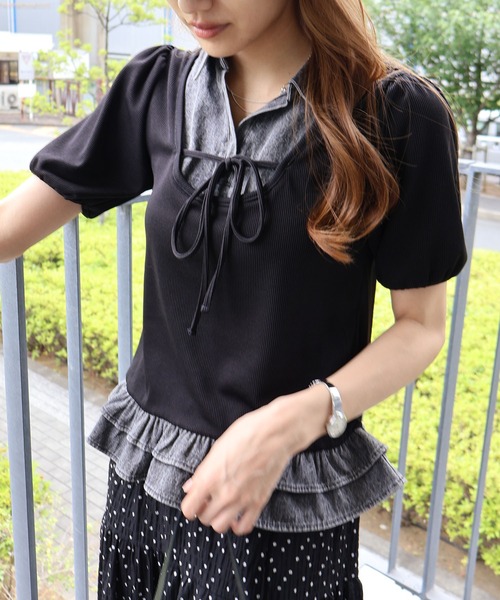 SpRay（スプレイ） tシャツ 半袖 胸リボンデニム切替ショートスリーブ