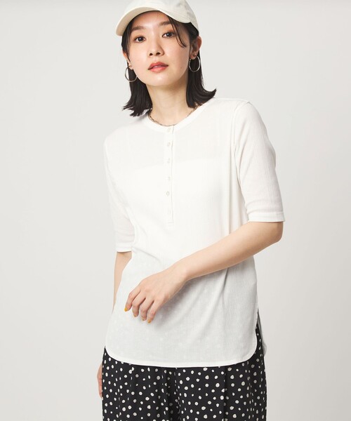 ヘンリーネック tシャツ 半袖 「WEB限定」「at ease」シアーテレコ ヘンリーネック ショートスリーブ カットソー レディース | green label relaxing | 01
