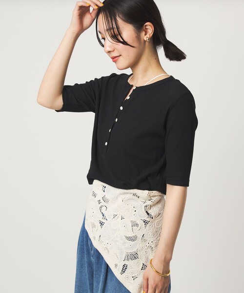 ヘンリーネック tシャツ 半袖 「WEB限定」「at ease」シアーテレコ ヘンリーネック ショートスリーブ カットソー レディース | green label relaxing | 10
