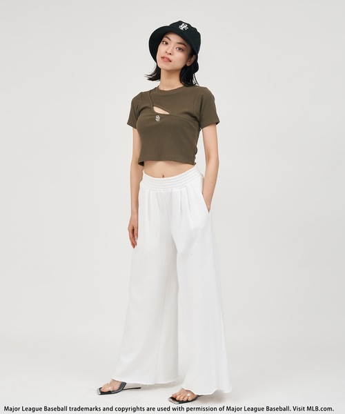 tシャツ 「MLB」変形バストオープンリブトップス レディース BACK TO THE FIELD tシャツ 「MLB」変形バストオープンリブ