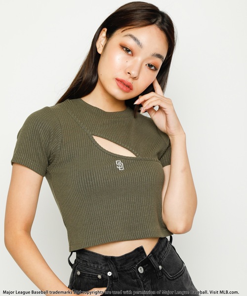 tシャツ 「MLB」変形バストオープンリブトップス レディース BACK TO THE FIELD tシャツ 「MLB」変形バストオープンリブ