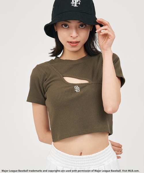 tシャツ 「MLB」変形バストオープンリブトップス レディース BACK TO THE FIELD tシャツ 「MLB」変形バストオープンリブ