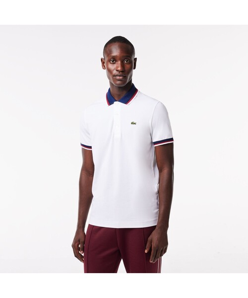 ラコステ　EXCLUSIVE EDITION　鹿の子　ボーダーポロシャツ　白×紺 LACOSTE ポロシャツ 配色ボーダーリブニット鹿の子地ポロシャツ