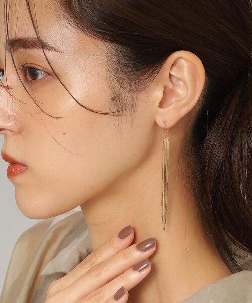 COCOSHNIK ゴールド K10 フリンジピアス K10コンパクトリボンフリンジ スタッドピアス（ピアス