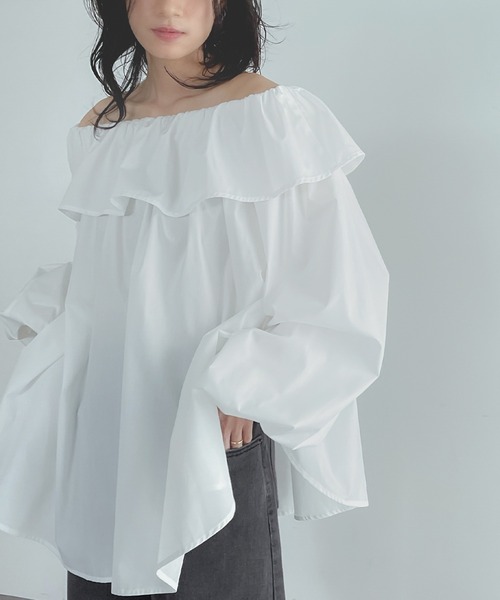 ELFRANK ブラウス シャツ 2wayオフショルダーフリルチュニックブラウス
