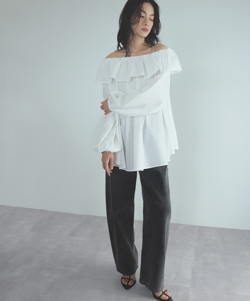 ELFRANK ブラウス シャツ 2wayオフショルダーフリルチュニックブラウス