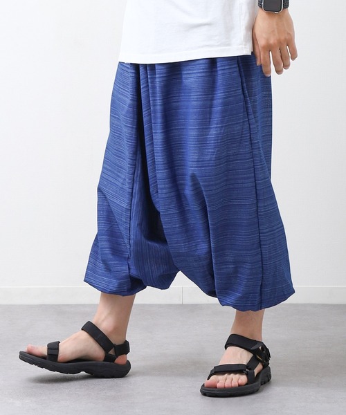 ichi⭐️リネンコットンストライプサルエルパンツ marai パンツ コットン100％ ストライプ織り エスニックサルエル