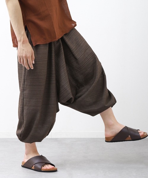 ichi⭐️リネンコットンストライプサルエルパンツ marai パンツ コットン100％ ストライプ織り エスニックサルエル