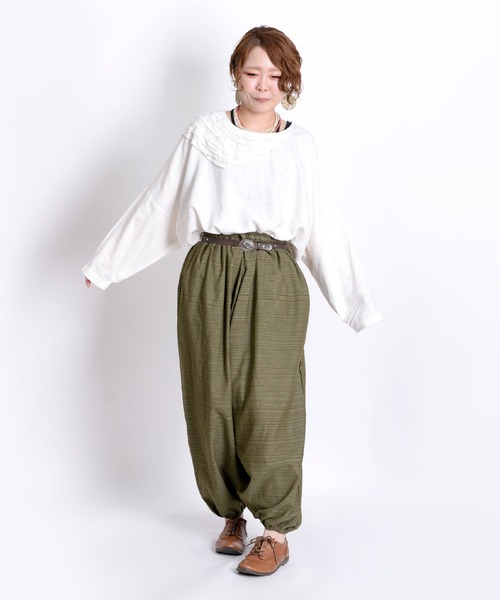 ichi⭐️リネンコットンストライプサルエルパンツ marai パンツ コットン100％ ストライプ織り エスニックサルエル