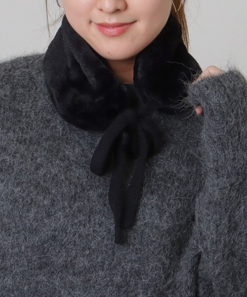 Lace Ladies マフラー ストール ニット リボン付き 2WAY ファー ティ  