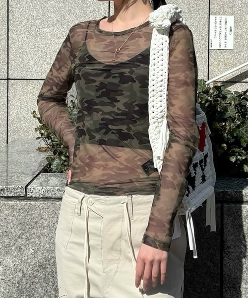 tシャツ カモフラージュメッシュチュールプルオーバー レディース