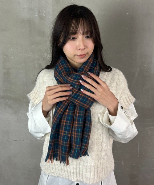 マフラー ストール オレンジ グリーン使い タータンチェック フリンジ