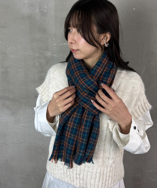 マフラー ストール オレンジ グリーン使い タータンチェック フリンジ