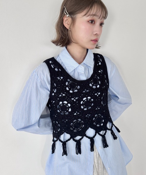 SOLLON. ベスト ジレ フラワークロシェフリンジベスト