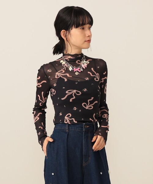 tシャツ リボンプリント ロングスリーブ カットソー レディース
