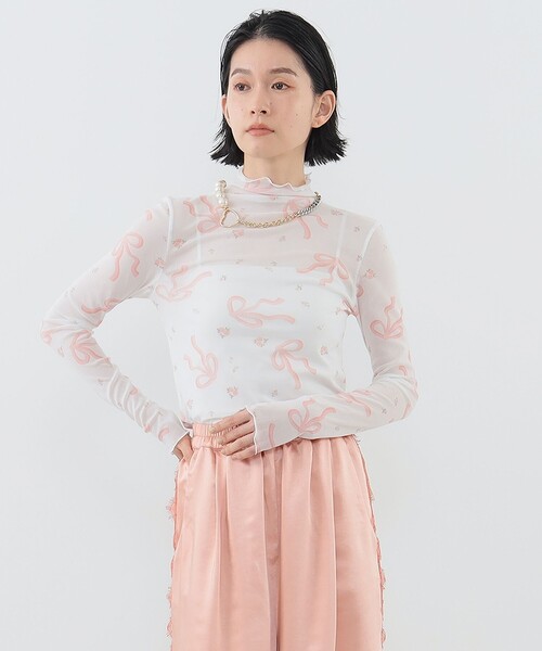 tシャツ リボンプリント ロングスリーブ カットソー レディース