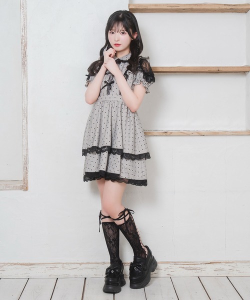 Honey Cinnamon レース配色ハートストライプワンピース ブラック Honey Cinnamon（ハニーシナモン） ワンピース レース配色ハート