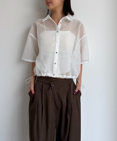 AIC. ブラウス シャツ 半袖 ドローストリングメッシュシャツ