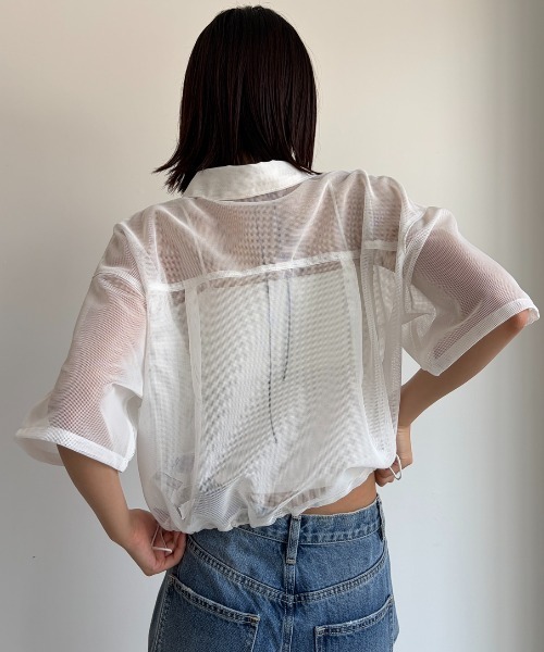 AIC. ブラウス シャツ 半袖 ドローストリングメッシュシャツ AIC. ブラウス シャツ 半袖 ドローストリングメッシュシャツ