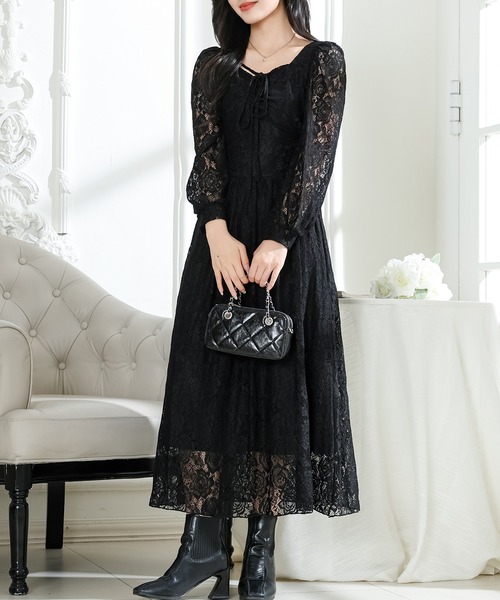 【本日限定値下げ】8YARDS レディース ワンピース L ブラック Lace Ladies（レースレディース） ワンピース 総レース ウエスト