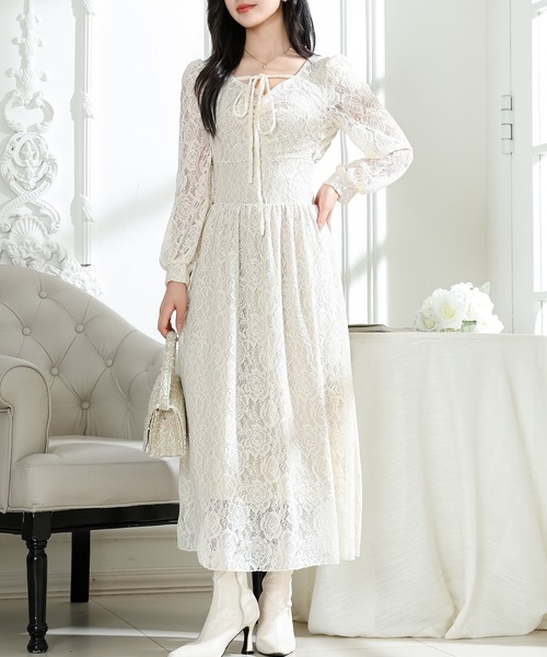 美品 ダイアグラム 総レース ロングワンピース 36 2WAY ホワイト マキシ Lace Ladies（レースレディース） ワンピース 総レース ウエスト