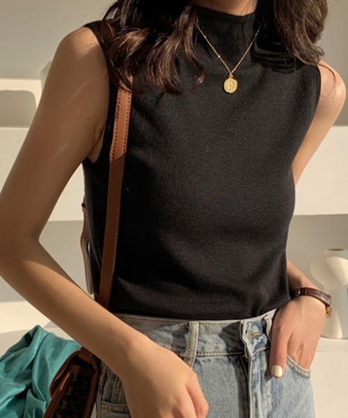 タンクトップ ノースリーブ ハイネックノースリーブニット レディース