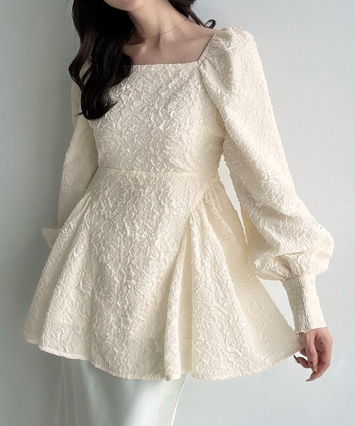 Meiru ブラウス シャツ スクエアネックジャガードペプラムトップス