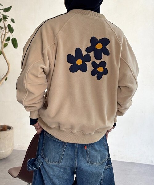 スタジャン ネイビー/ベージュ 花柄 CPCM（シーピーシーエム） ブルゾン アウター フリース バックフラワー
