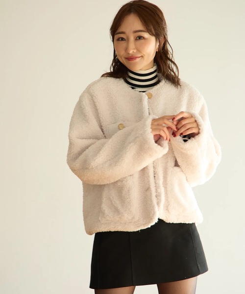 「M y u」 ノーカラージャケット ML アイボリー レディース_画像3