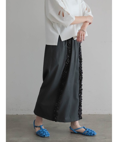 【】LONG SKIRT 3ストライプ フリル ロング スカート FIL DE FER（フィルデフェール） ロング スカート ピンストライプTR