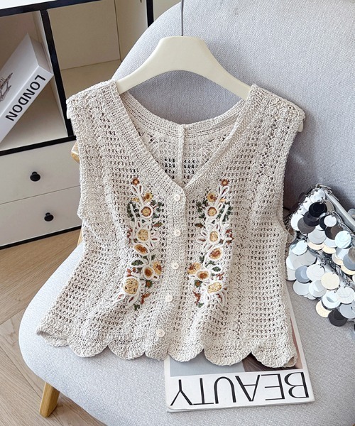 ベスト ジレ Vネックかぎ編み透かし編みフラワー刺繍ノースリーブ