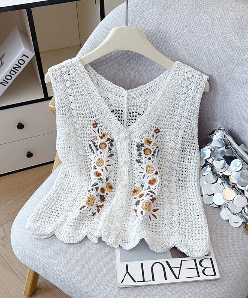 ベスト ジレ Vネックかぎ編み透かし編みフラワー刺繍ノースリーブ