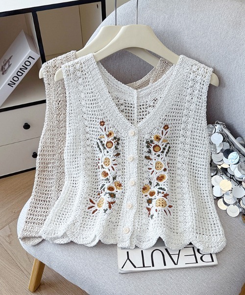 ベスト ジレ Vネックかぎ編み透かし編みフラワー刺繍ノースリーブ