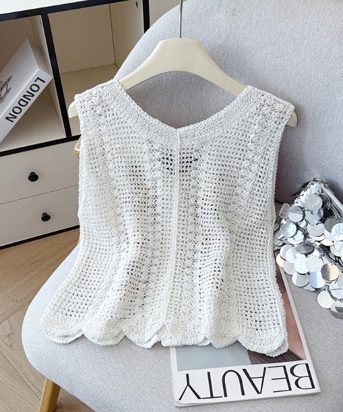 ベスト ジレ Vネックかぎ編み透かし編みフラワー刺繍ノースリーブ