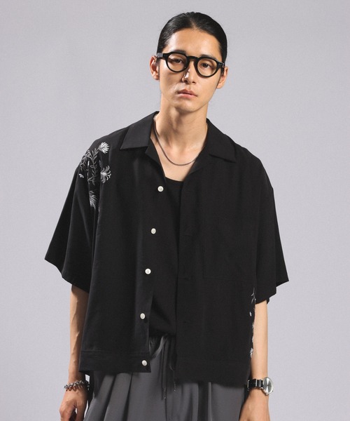 SNKD OPEN COLLAR SHIRT ブラック 刺繍シャツ RAGEBLUE（レイジブルー） シャツ 半袖 Flower Stitch Open Collar