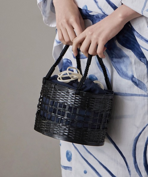 【新品未使用・一点物】和モダン 編み込みかごバッグ 黒×金具 浴衣 夏着物 asaka かごバッグ カゴバッグ 巾着付き黒編みかごバッグ 浴衣用