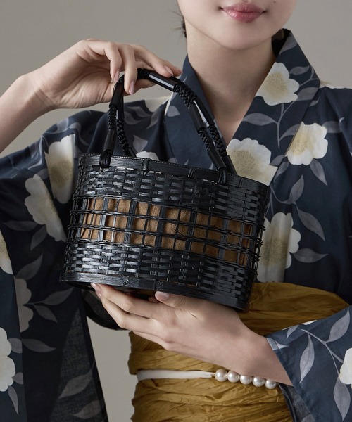 asaka かごバッグ カゴバッグ 巾着付き黒編みかごバッグ 浴衣用