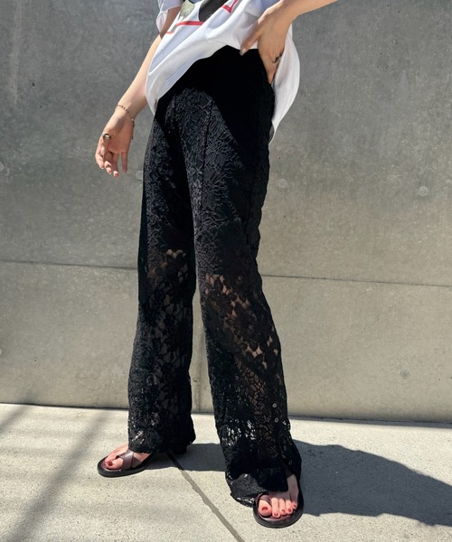 Ameri（アメリ） パンツ MEDI TEXTURE MIX LACE SEMI FLARE PANTS