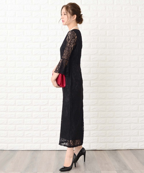 Lace Ladies ドレス フレア七分袖 総レースフォーマルロング