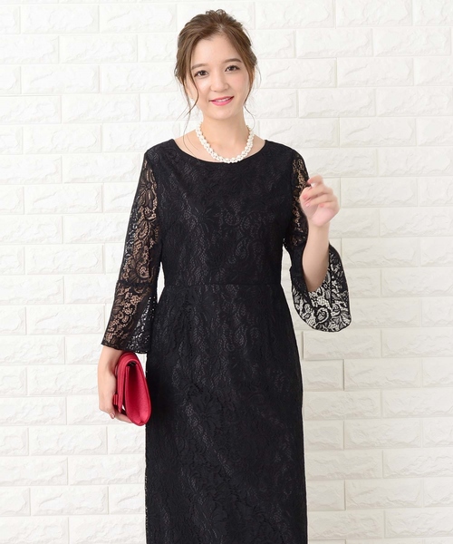 Lace Ladies ドレス フレア七分袖 総レースフォーマルロング