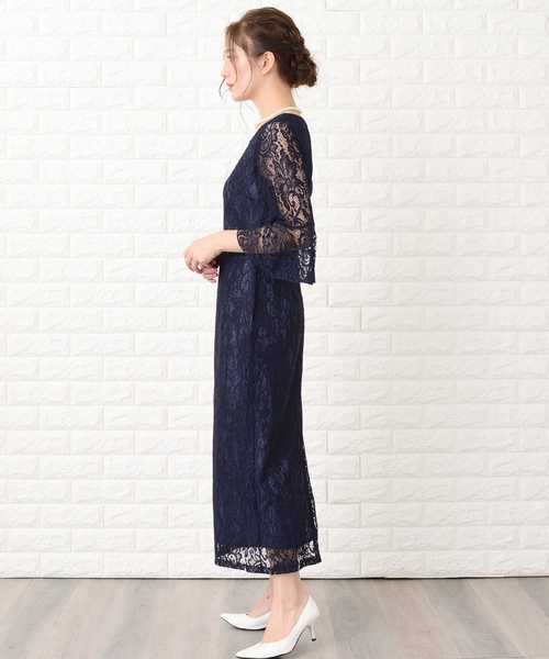 ワンピース 総レース フォーマル ロング スカート ドレス b-2567 Lace Ladies ドレス フレア七分袖 総レースフォーマルロング