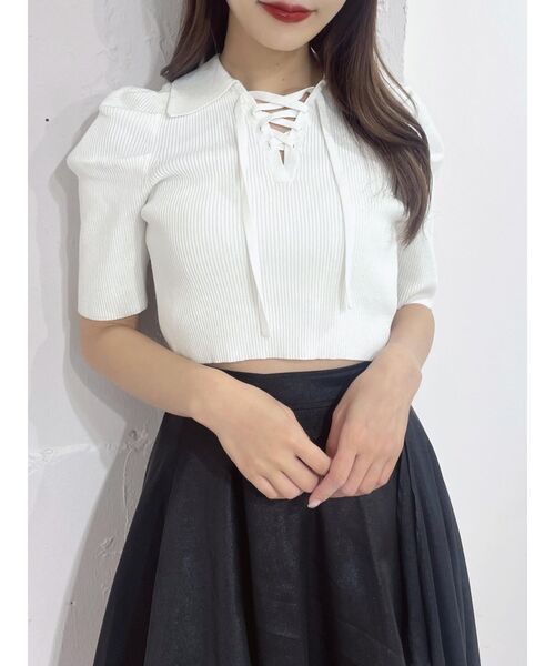 ニット セーター レースアップカラーニットTOP レディース