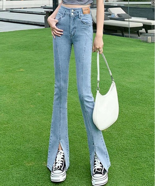 ジーンズ デニム デニムパンツ 美脚 ストレッチ スリット フレア