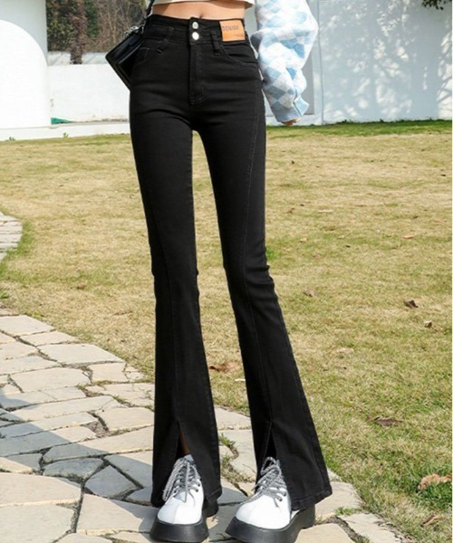 ジーンズ デニム デニムパンツ 美脚 ストレッチ スリット フレア