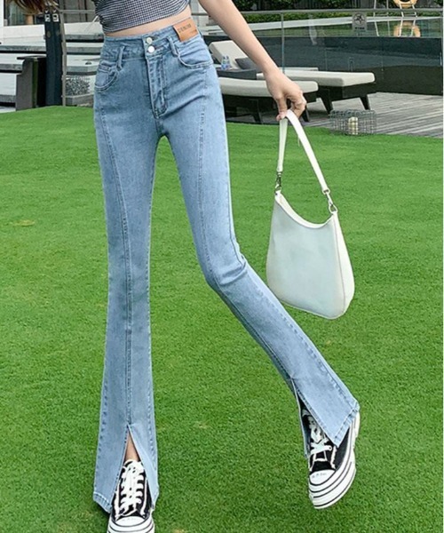 ジーンズ デニム デニムパンツ 美脚 ストレッチ スリット フレア