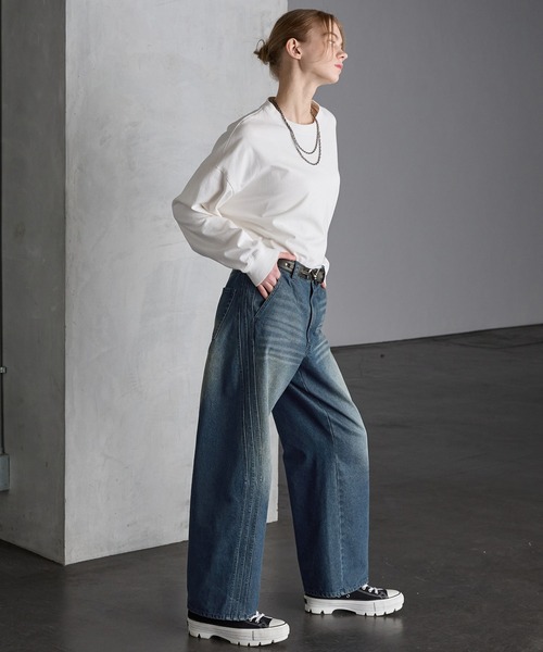 vintage used デザイン　パンツ SERACE】Vintage design curved denim pants / ヴィンテージ